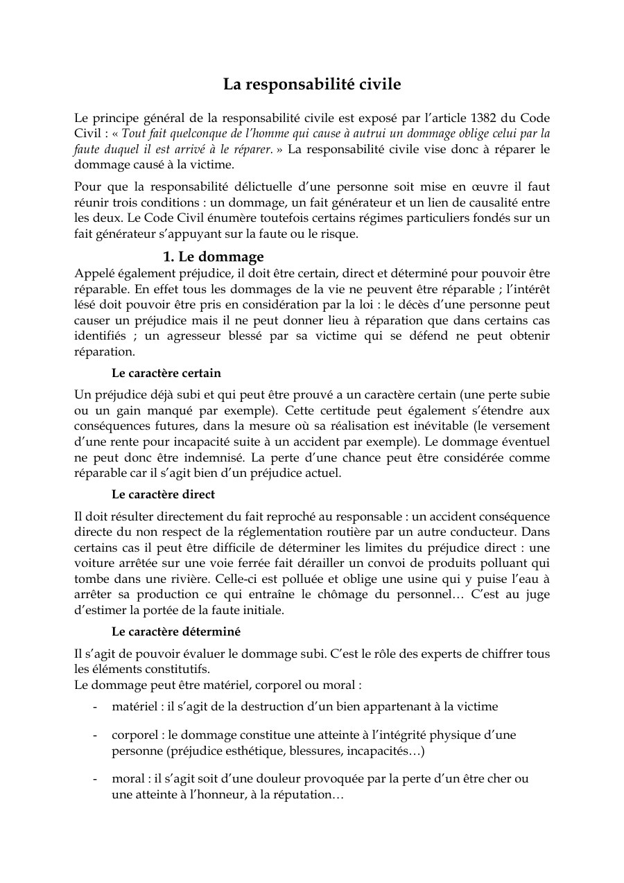 الصفحة الأولى من Le principe général de la responsabilité civile est exposé par l’article 1382 du Code Civil